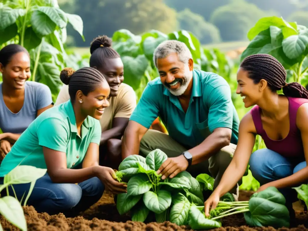 Colaboración en granjas orgánicas: Diversidad de personas unidas en la siembra, cosecha y conocimiento, creando unidad y sostenibilidad