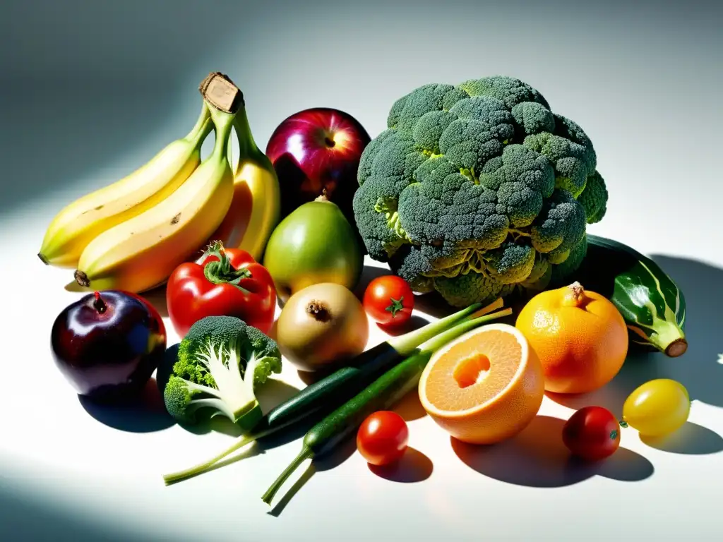 Un collage detallado de frutas y verduras orgánicas en una superficie blanca, resaltando sus colores vibrantes y texturas