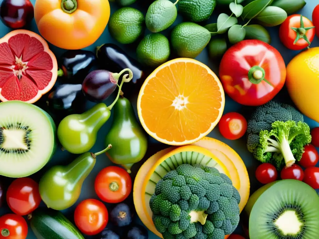 Un collage impresionante de frutas y verduras orgánicas, perfecto para el cuidado de la piel