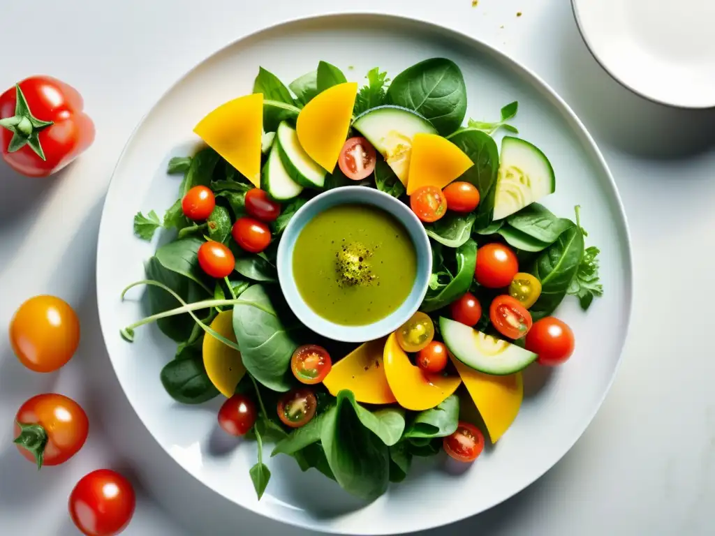 Una colorida ensalada orgánica, fresca y vibrante, en una presentación minimalista