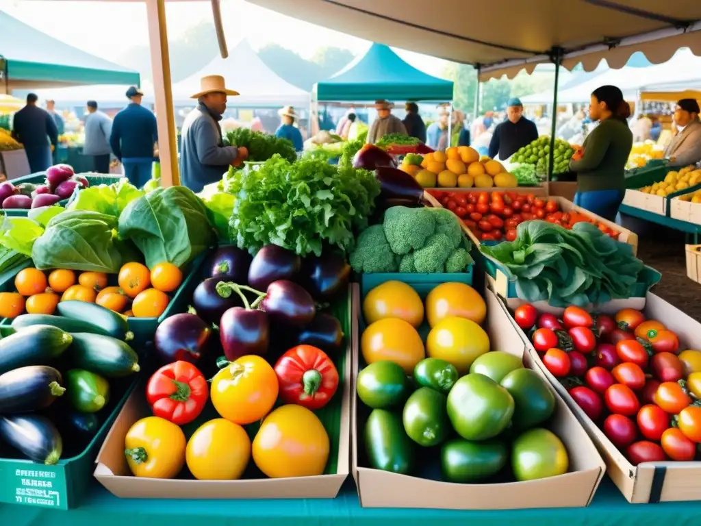 Colorida feria de alimentos orgánicos con frutas y verduras frescas, resplandeciendo en luz dorada