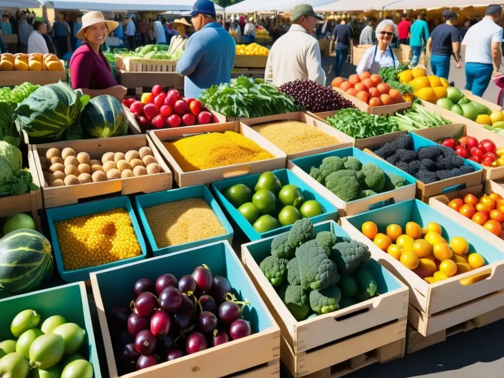 Colorida feria agrícola con frutas y verduras frescas, compradores felices y productos locales, resaltando los beneficios alimentación de temporada