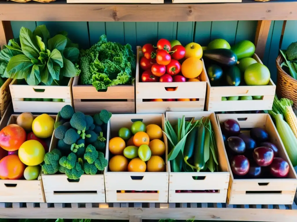 Colorida muestra de frutas y verduras orgánicas en un mercado, transmitiendo frescura y conexión con la naturaleza