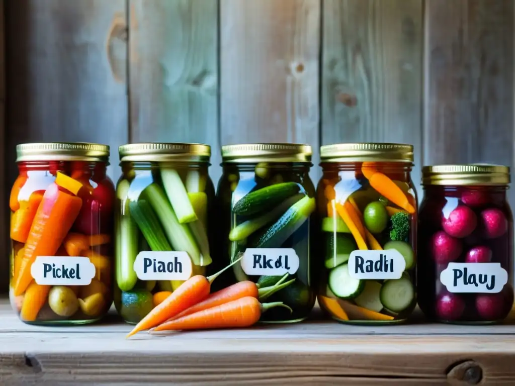 Deliciosos encurtidos caseros: explosión de colores en frascos Coloridas recetas de encurtidos orgánicos en tarros de vidrio sobre una mesa rústica, con una estética casera y natural