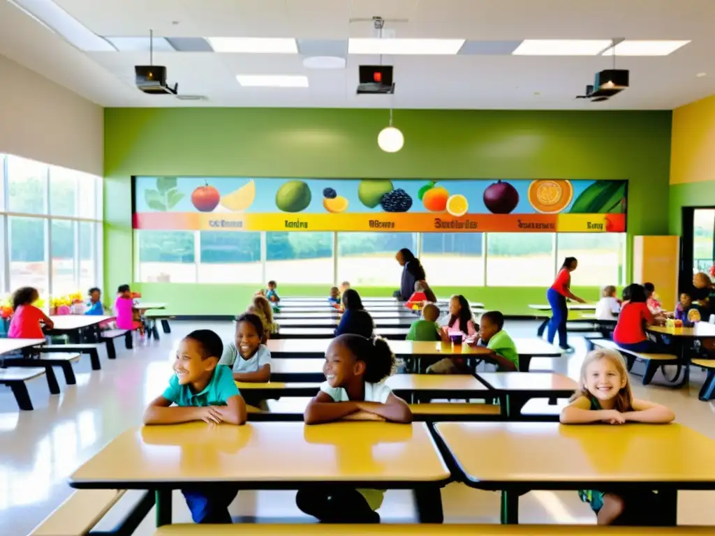 Un comedor escolar vibrante lleno de niños disfrutando de una variedad colorida de frutas, verduras y alimentos orgánicos