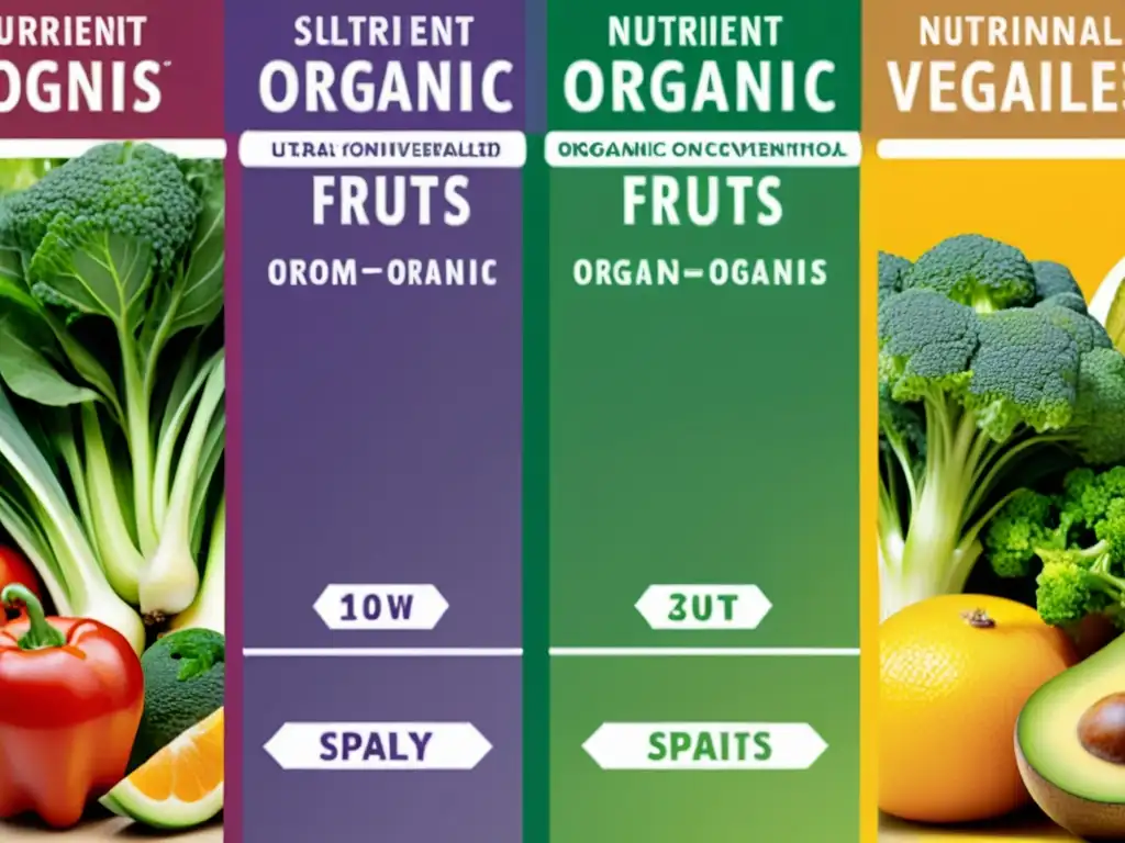 Comparativa nutricional alimentos orgánicos convencionales: Detalles vibrantes de nutrientes en pantalla dividida