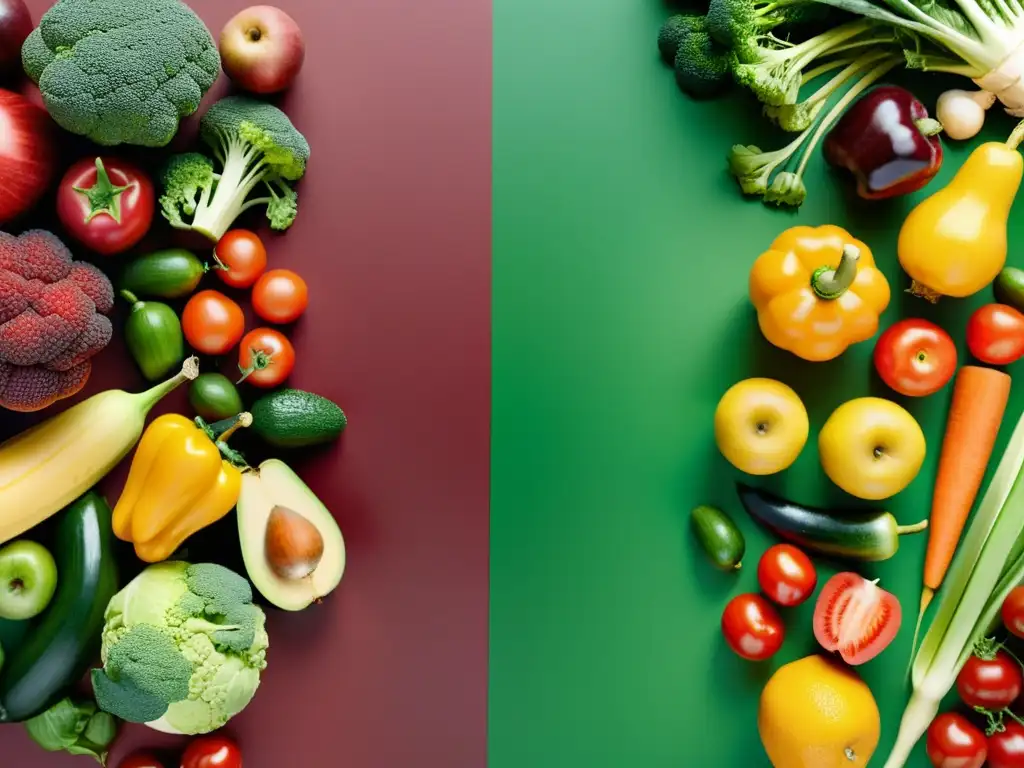 Comparativa nutricional alimentos orgánicos convencionales: Imagen detallada de frutas y verduras, resaltando sus diferencias visuales y nutricionales