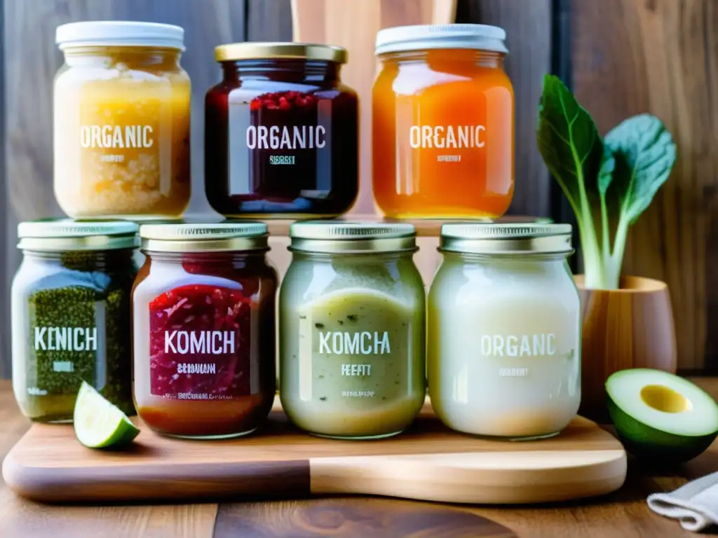 Una composición apetitosa de alimentos fermentados orgánicos, como kimchi, chucrut, kombucha y kéfir, en frascos de vidrio sobre tabla de madera