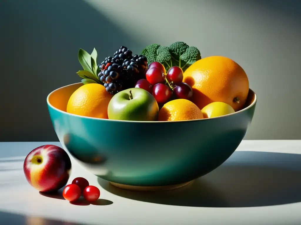 Armonía natural: bowl de frutas y verduras vibrantes Una composición armoniosa de frutas y verduras orgánicas, evocando la belleza de la naturaleza