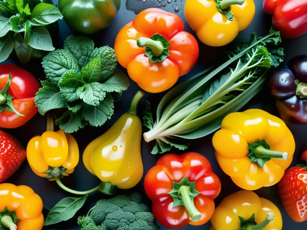 Una composición artística de frutas y verduras orgánicas frescas, goteando agua, transmite vitalidad y frescura