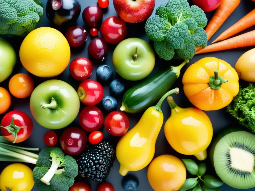 Una composición artística de frutas y verduras orgánicas frescas, con colores vibrantes y gotas de agua que realzan su frescura natural