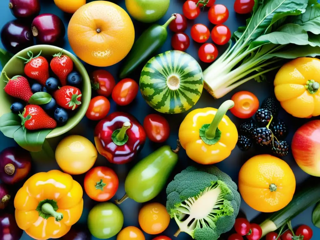 Una composición artística de frutas y verduras orgánicas frescas y coloridas, exudando vitalidad y pureza