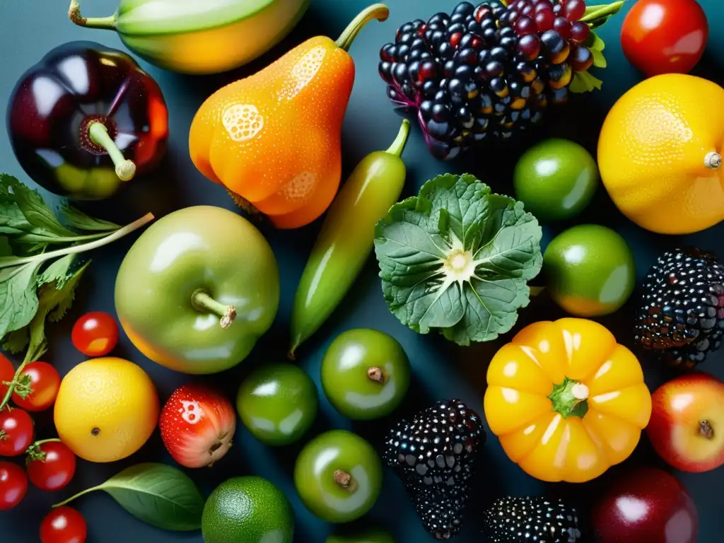 Una composición artística de frutas y verduras orgánicas recién cosechadas, con colores vibrantes y texturas naturales