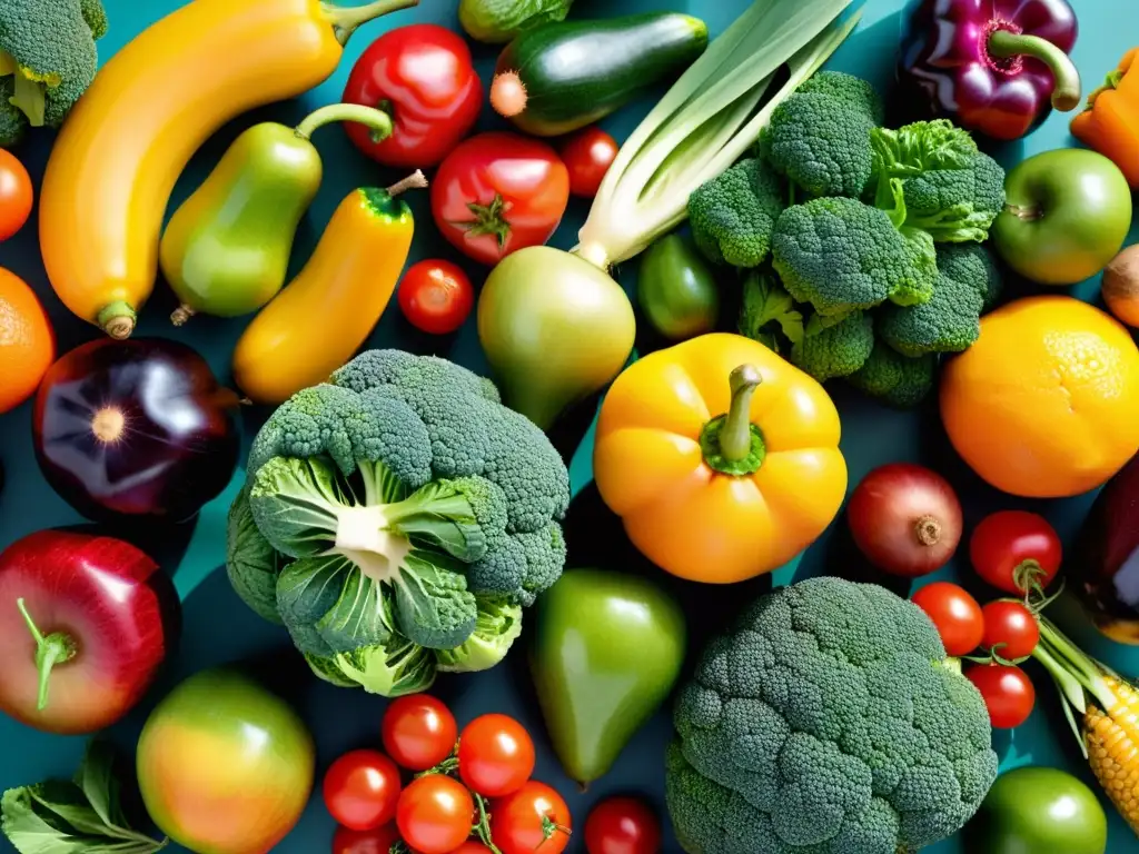 Una composición artística de frutas y verduras orgánicas, resalta su frescura y belleza natural