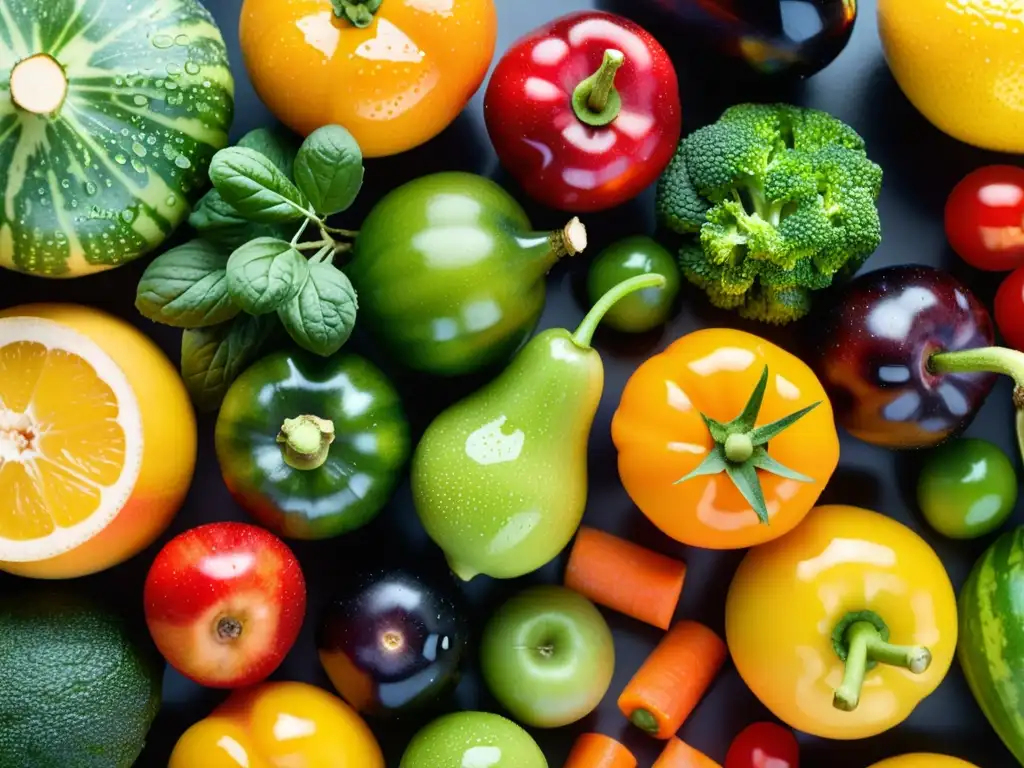 Una composición artística de frutas y verduras orgánicas frescas, con colores y texturas vibrantes que transmiten vitalidad y frescura