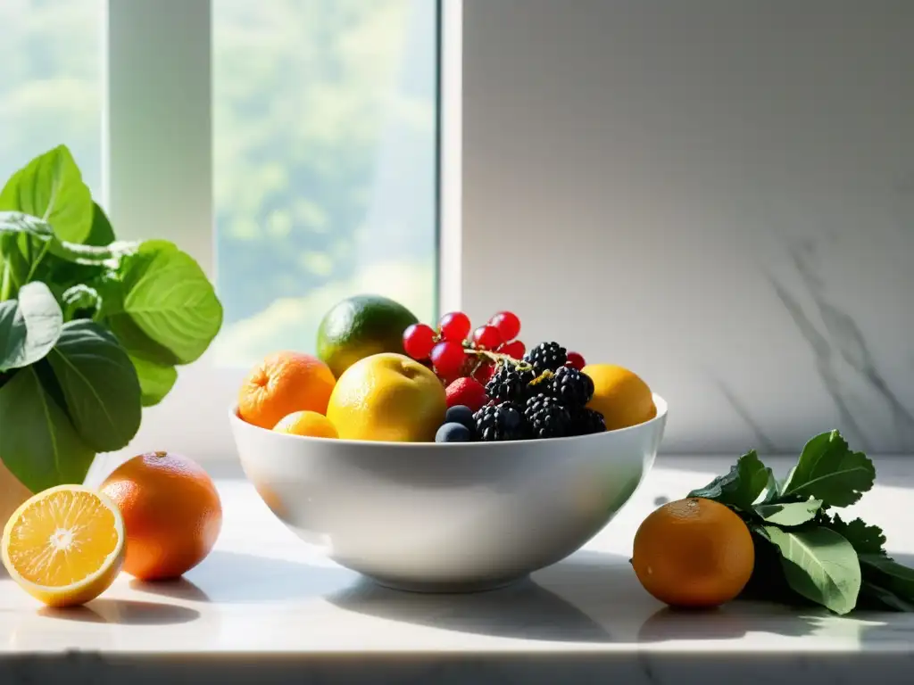 Una composición artística de frutas y verduras orgánicas frescas en un tazón, sobre una encimera de mármol blanco, iluminada por el sol