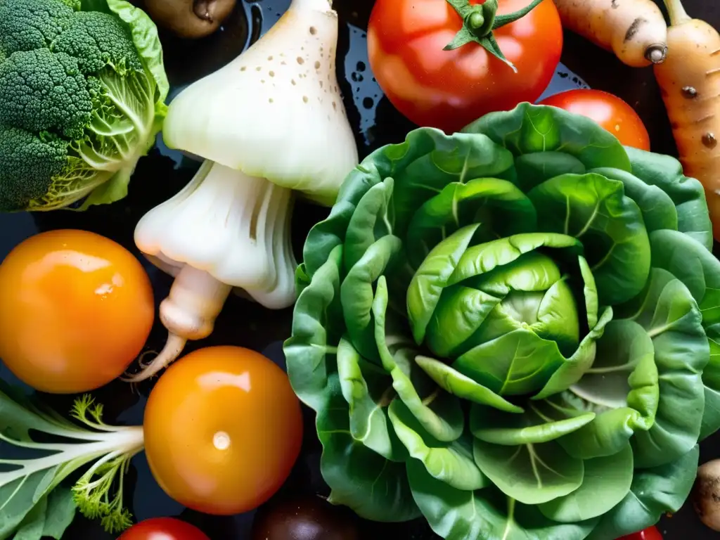 Una composición artística de vegetales orgánicos recién cosechados, creando una exhibición visualmente impresionante y apetitosa