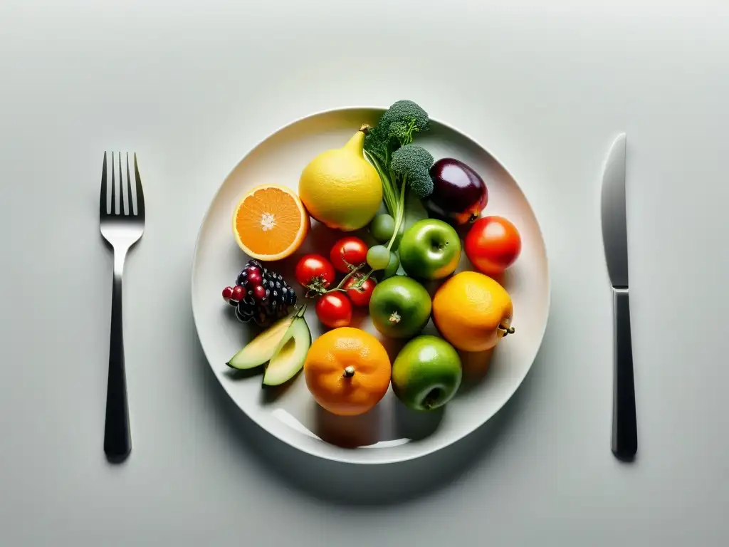 Una composición visualmente atractiva de una exuberante variedad de frutas y verduras orgánicas en un plato, sobre fondo blanco