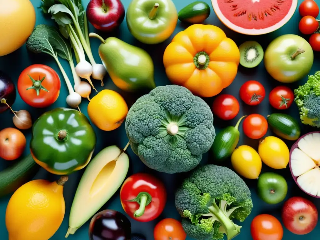 Una composición colorida de frutas y verduras orgánicas, irradiando frescura y vitalidad