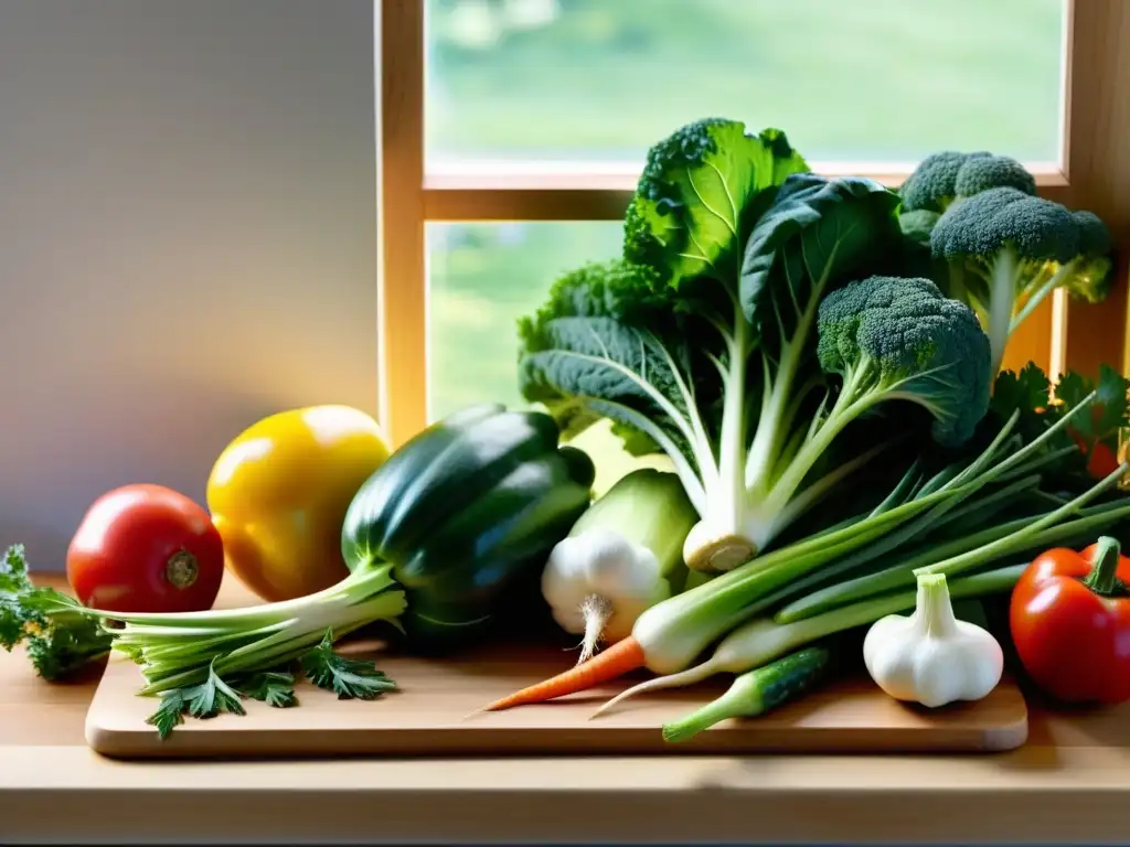 Una composición colorida de verduras orgánicas frescas en una tabla de cortar de madera, iluminada por luz natural