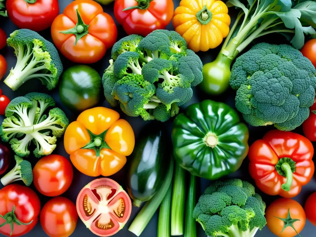 Una composición detallada de frutas y verduras orgánicas, resaltando su diversidad y colores vibrantes