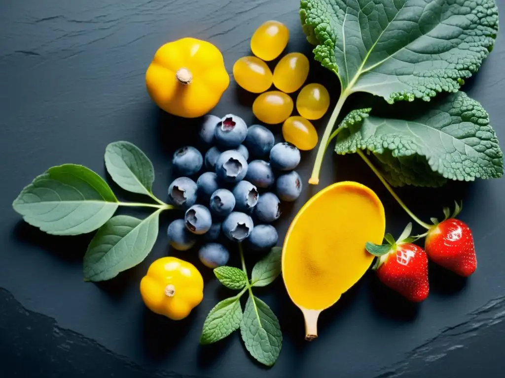 Una composición elegante y minimalista de vibrantes superalimentos orgánicos saludables en una superficie de pizarra negra