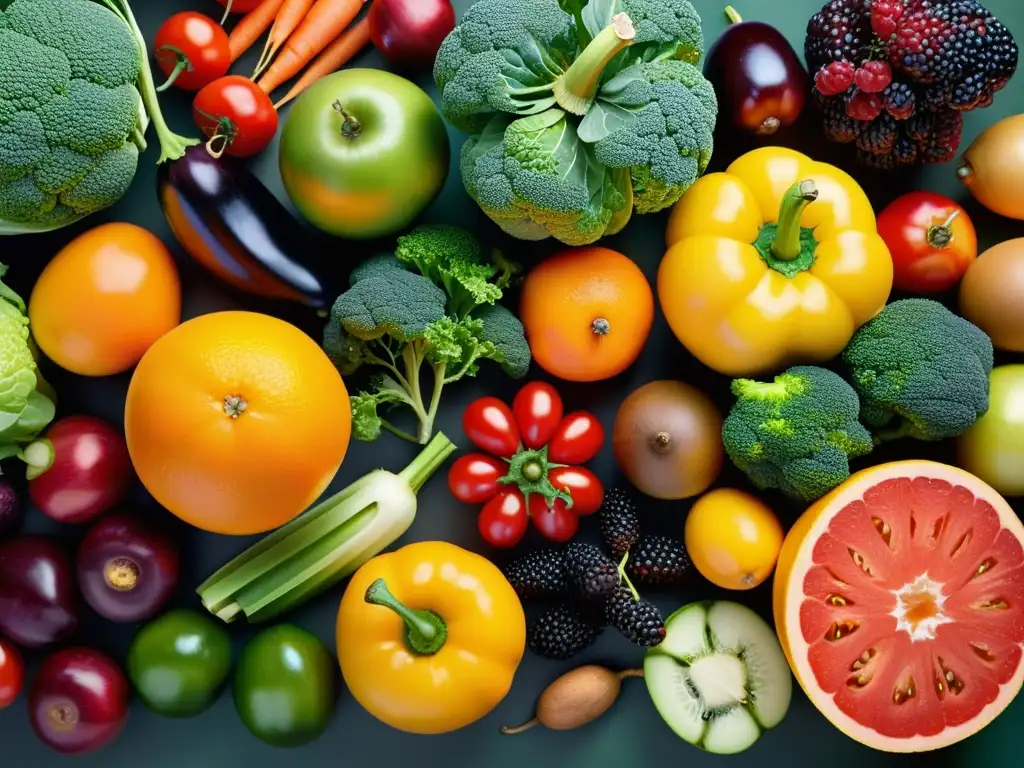 Una composición equilibrada de coloridas frutas y verduras orgánicas, resaltando su belleza natural