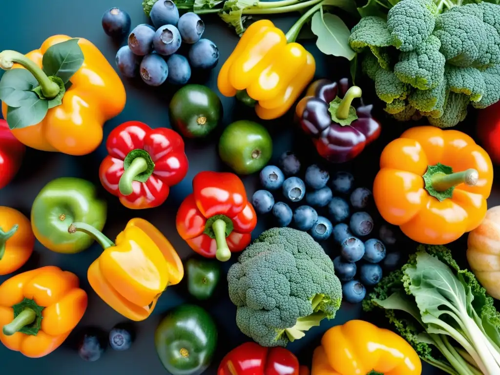 Una composición equilibrada de frutas y verduras orgánicas vibrantes, con efectos protectores para la salud ocular, resaltando su frescura y vitalidad