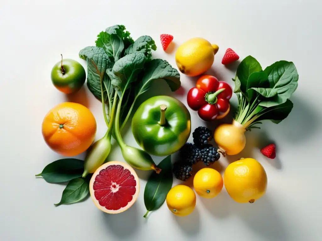 Una composición exquisita de frutas y verduras orgánicas, frescas y vibrantes, evocando salud y vitalidad