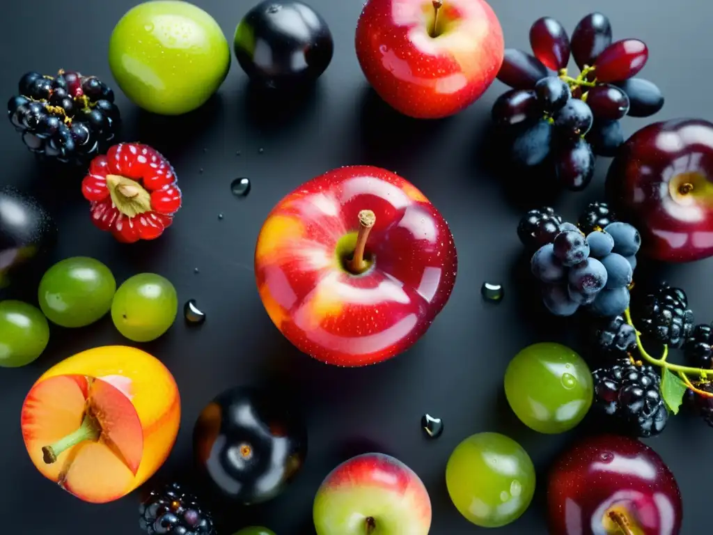 Una composición perfectamente circular de frutas y verduras orgánicas, frescas y coloridas, sobre una superficie negra mate