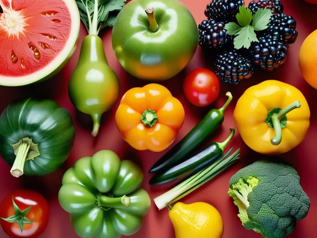 Una composición visualmente impactante de frutas y verduras orgánicas frescas, evocando la pureza y frescura de los alimentos naturales