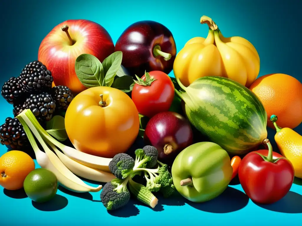 Una composición visualmente impactante de frutas y verduras orgánicas frescas, resaltando la diversidad y belleza natural