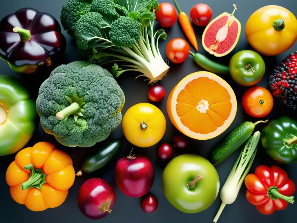 Una composición visualmente impactante de frutas y verduras orgánicas recién cosechadas, resaltando su belleza natural y frescura