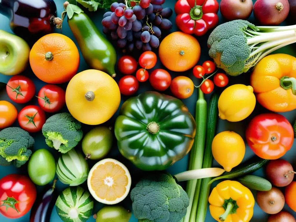 Una composición visualmente impactante de frutas y verduras orgánicas, con colores vibrantes y texturas únicas