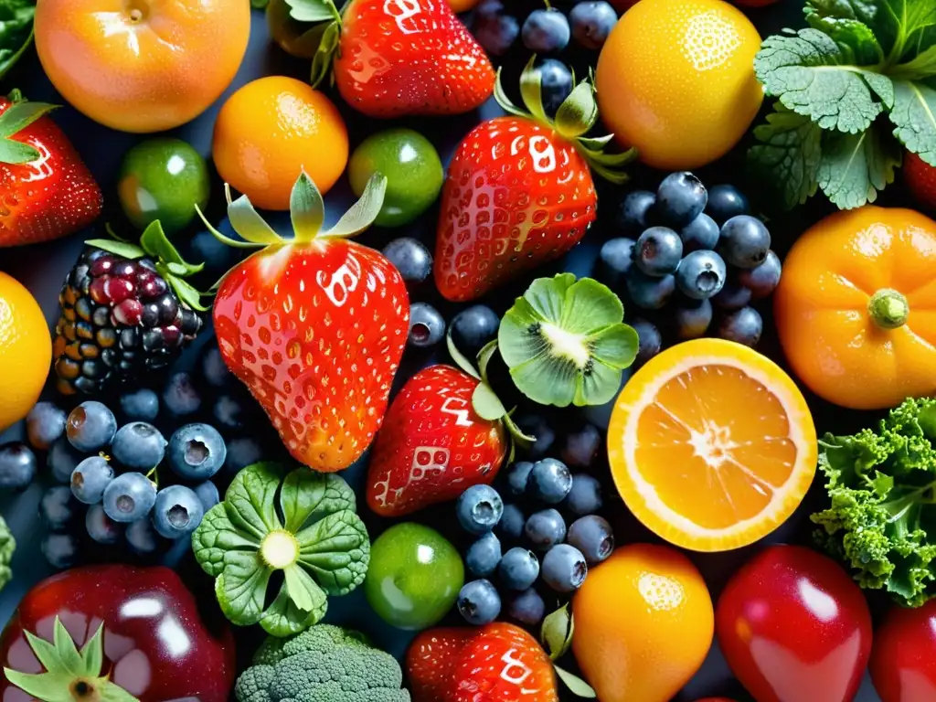 Una composición visualmente impactante de frutas y verduras orgánicas con beneficios antioxidantes, resplandeciendo frescura y vitalidad