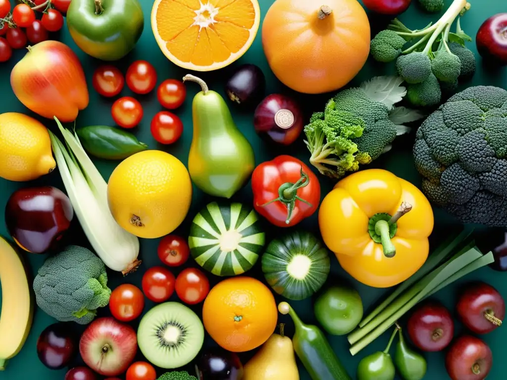 Una composición visualmente impactante de frutas y verduras orgánicas, resaltando la belleza natural