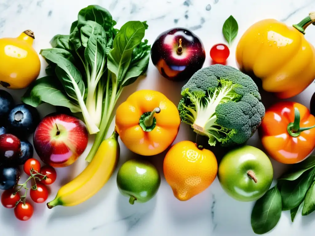 Una composición visualmente impactante de frutas y verduras orgánicas en un elegante mostrador de mármol blanco