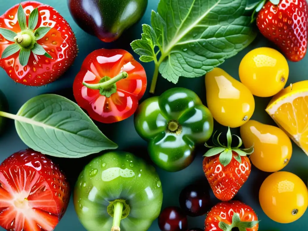 Una composición visualmente impactante de frutas y verduras orgánicas frescas, goteando agua