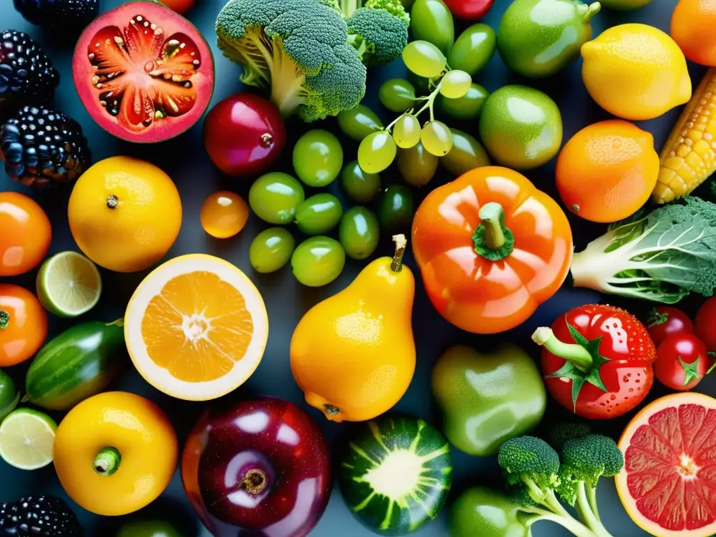 Una composición visualmente impactante de frutas y verduras orgánicas frescas, con detalles ultrarrealistas