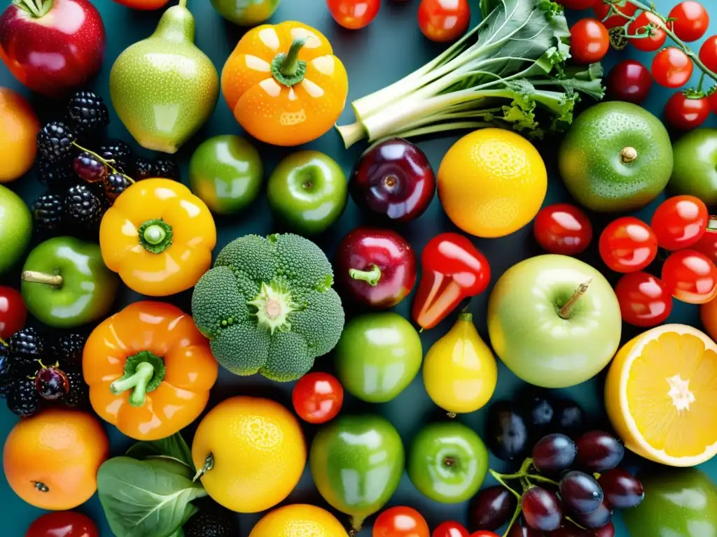 Una composición visualmente impactante de frutas y verduras orgánicas frescas, con colores vibrantes y texturas detalladas