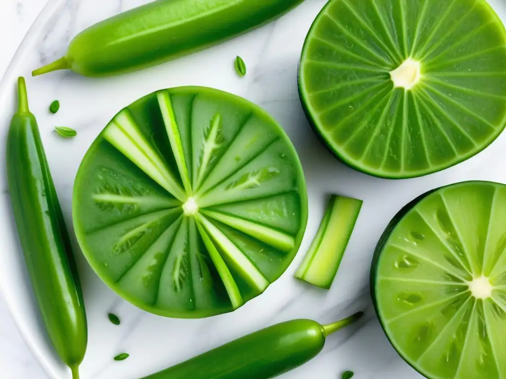 Una composición visualmente impactante de snacks verdes orgánicos saludables en un elegante tablero de mármol blanco