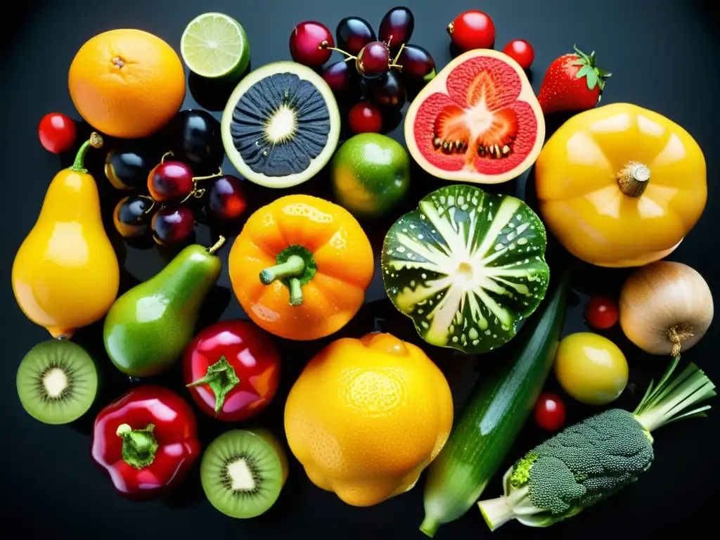 Una composición visualmente impresionante de frutas y verduras orgánicas vibrantes en un fondo negro, resaltando su frescura y belleza natural