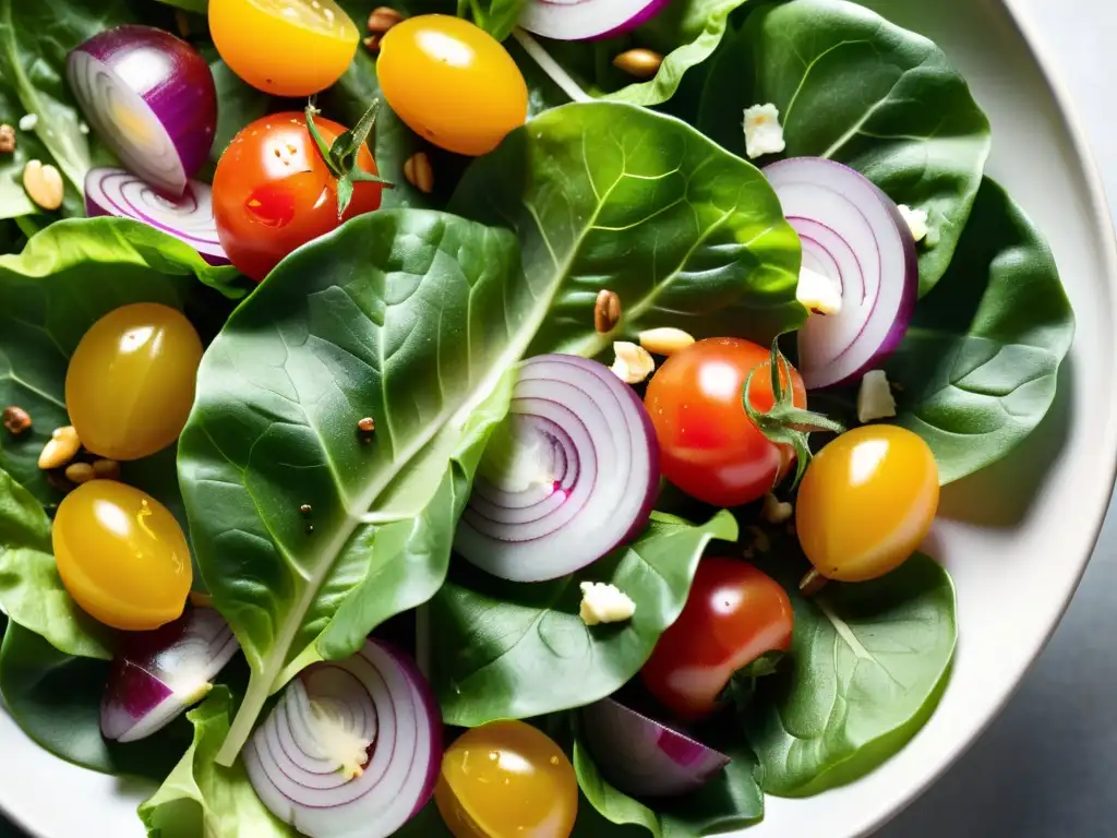 Una composición minimalista y apetitosa de una ensalada orgánica fresca recién cosechada, resaltando los beneficios de las ensaladas orgánicas frescas