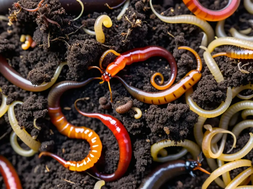 Vermicompostaje: Naturaleza en acción Una composición minimalista muestra un contenedor de lombrices para compostaje eficaz, con lombrices rojas saludables y compost oscuro y rico