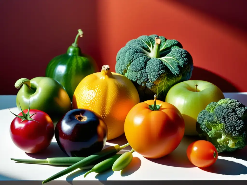 Una composición minimalista de frutas y verduras orgánicas recién cosechadas, con colores vibrantes y texturas ricas