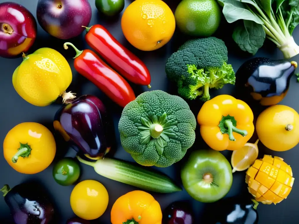 Una composición minimalista de frutas y verduras orgánicas recién cosechadas, con colores vibrantes y texturas detalladas, goteando agua