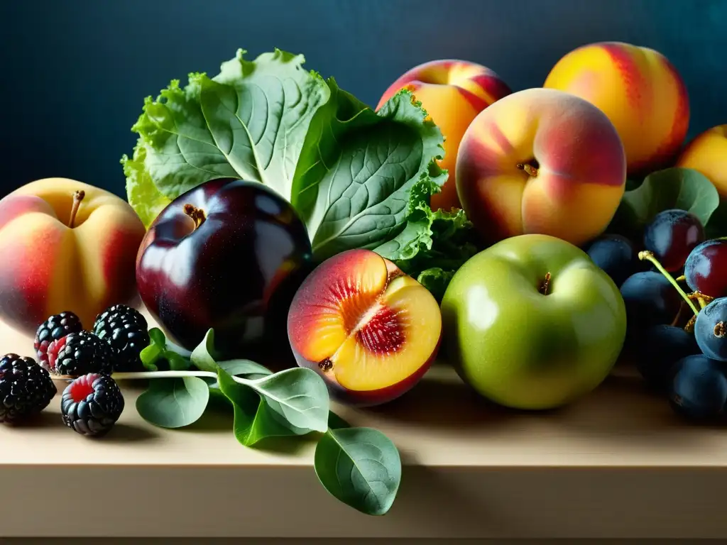 Una composición minimalista de frutas y verduras orgánicas recién cosechadas, con colores vibrantes y texturas detalladas