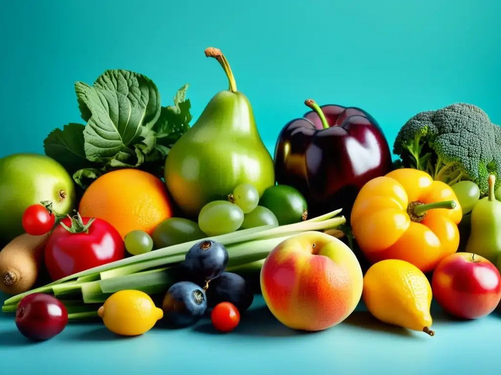 Una composición minimalista de frutas y verduras orgánicas recién recolectadas, resaltando la diversidad y la belleza natural