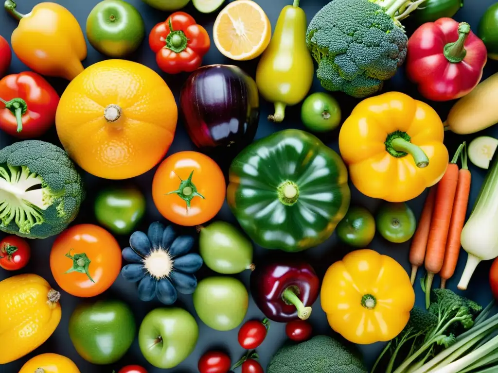 Una composición minimalista de frutas y verduras orgánicas, resaltando su belleza y diversidad