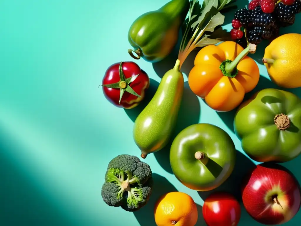 Una composición minimalista de frutas y verduras orgánicas, con colores vibrantes y texturas detalladas